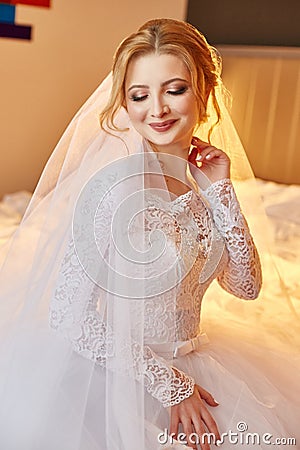 Perfect wedding day of woman bride, portrait of girl in white we Stock Photo