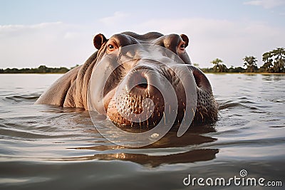 Big hippopotamus wallowing in water. Stock Photo