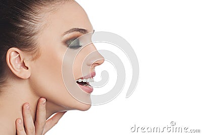 Perfect woman face close up portrait, profile. Beautiful woman spa model isolated on white background Stock Photo