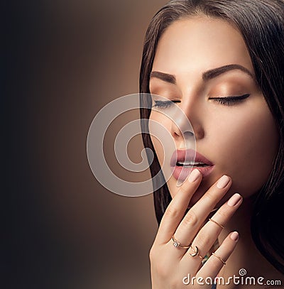 Perfect woman lips with fashion natural beige matte lipstick Stock Photo