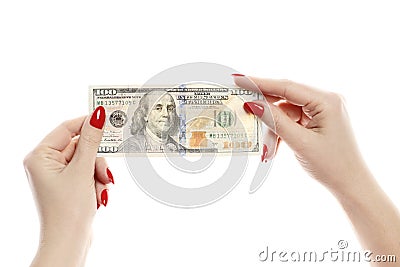 Perfect womens hands hold one hundred dollars isolated on white background Stock Photo