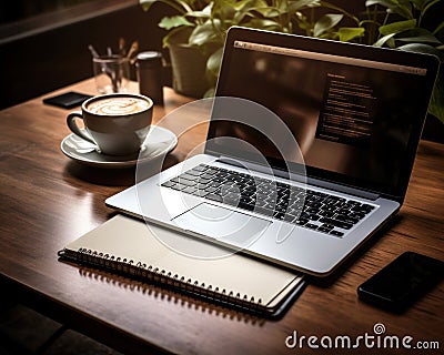 The perfect work nook laptop coffee and writing essentials on a stylish wooden surface, business meeting photo Stock Photo