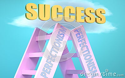 Perfectionism ladder that leads to success high in the sky, to symbolize that Perfectionism is a very important factor in reaching Cartoon Illustration