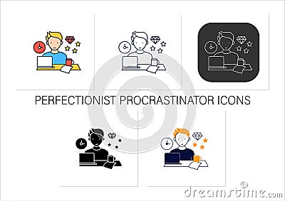 Perfectionist procrastinator icons set Vector Illustration