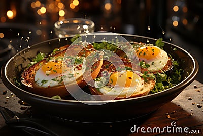 Perfectly cooked eggs served with crispy bacon, fresh avocado, and toasted bread, ideal for brunch-themed promotions. Generative Stock Photo
