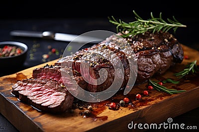 Perfectly Cooked Wagyu Steak, Exquisite Marbling and Juiciness Captured in a Gastronomic Symphony of Flavor. Ai generated Stock Photo