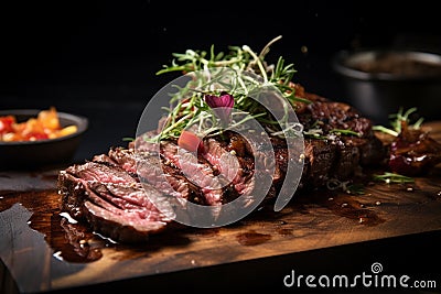 Perfectly Cooked Wagyu Steak, Exquisite Marbling and Juiciness Captured in a Gastronomic Symphony of Flavor. Ai generated Stock Photo