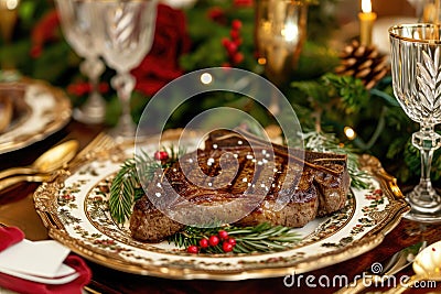 A perfectly grilled piece of steak served on a plate placed on a table, A festive holiday table featuring a beautifully seared T- Stock Photo