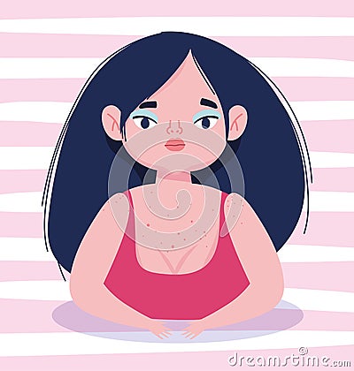 Perfectly imperfect, cartoon woman with freckles on her chest, stripes background Vector Illustration