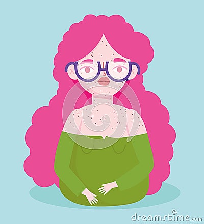 Perfectly imperfect, cartoon woman with glasses and freckles, self confident, Vector Illustration