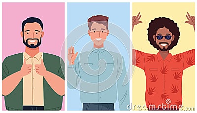 Perfectly imperfect three persons comic characters Vector Illustration