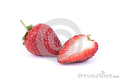 Perfectly retouched fresh strawberry fruit with sliced half isolated on white background. One of the best isolated strawberries Stock Photo