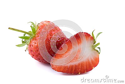 Perfectly retouched fresh strawberry fruit with sliced half isolated on white background. Stock Photo