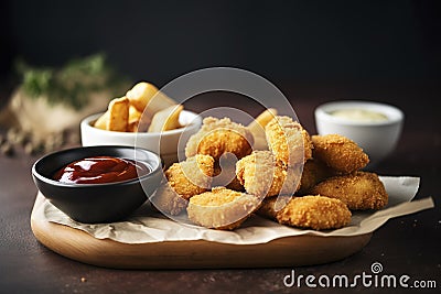 Delicious and crispy chicken nuggets, served with your choice of dipping sauce and a side of fries. Stock Photo