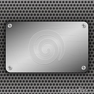 Perforated Metal Background with plate and rivets. Metallic grunge texture. Brushed Steel, aluminum surface template. Vector Illustration