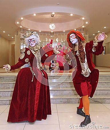 Performance of actors of the theater wandering dolls gentleman Pezho in the foyer of the theatre buff. Editorial Stock Photo