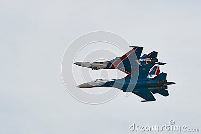 Performance of the aerobatic team Russian Knights, Russian Air Force. On planes Sukhoi Su-30S, NATO code name: Flanker-E Editorial Stock Photo