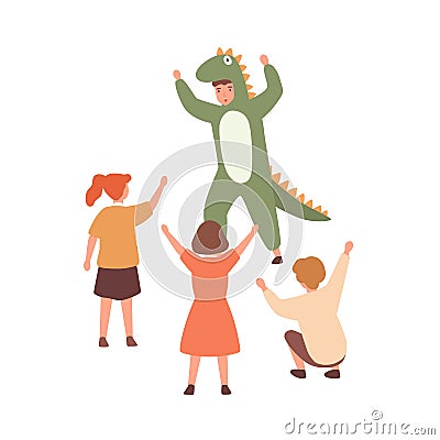 Performance for children with actor wearing cute dinosaur costume. Group of kids playing with animator. Flat vector Vector Illustration