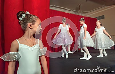 Performance of a children`s private ballet school. Portrait of little girl. Editorial Stock Photo