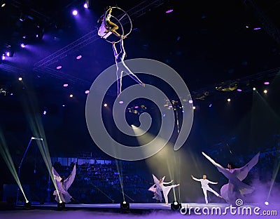 Performance of a dance group and aerial gymnasts Editorial Stock Photo