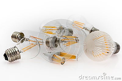 performance different types of E27 and G4 LED bulbs with different number of LED filaments Stock Photo
