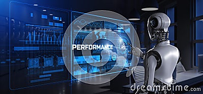 Performance Efficiency KPI Business development concept. Robot pressing button on screen 3d render Stock Photo