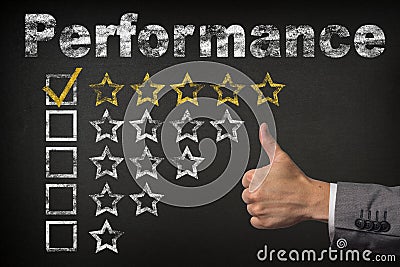 Performance five 5 star rating. thumbs up service golden rating stars on chalkboard Stock Photo