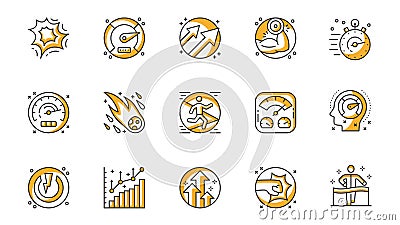 Performance icons set in outline stroke design for web. Pack line pictograms with exploding, speedometer, increase arrow Cartoon Illustration