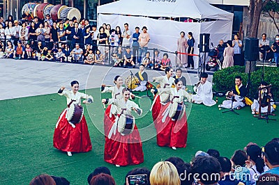 Performance of korean female dancers with their drums Editorial Stock Photo