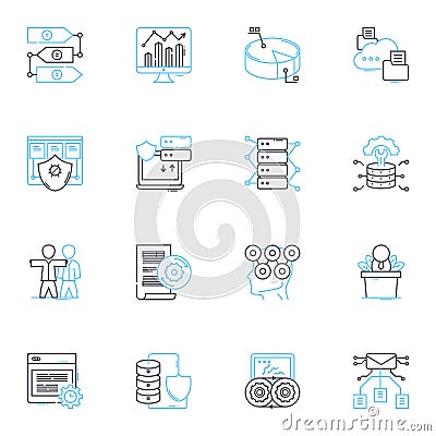 Performance metrics linear icons set. Efficiency, Effectiveness, Productivity, Accuracy, Speed, Responsiveness, Quality Vector Illustration