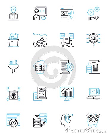 Performance metrics linear icons set. Efficiency, Effectiveness, Productivity, Accuracy, Speed, Responsiveness, Quality Vector Illustration