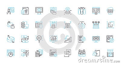 Performance metrics linear icons set. Efficiency, Effectiveness, Productivity, Accuracy, Speed, Responsiveness, Quality Vector Illustration