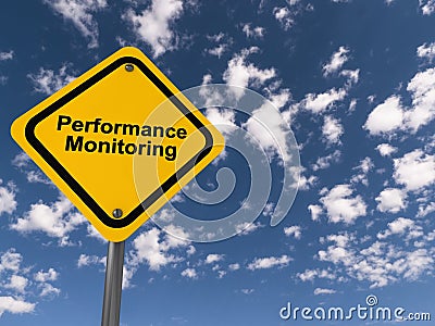 performance monitoring traffic sign on blue sky Stock Photo