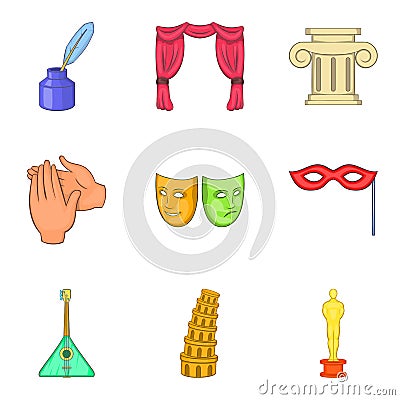 Performance in theater icons set, cartoon style Vector Illustration