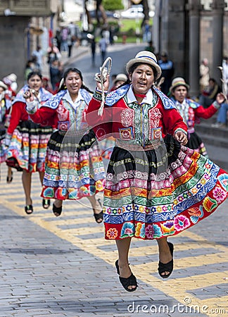 Performers at the May Day parade in Cusco in Peru. Editorial Stock Photo