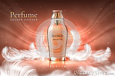 Perfume background. Luxury cosmetic product ad, glass fragrance bottle mockup. Vector aroma water advertisement template Vector Illustration