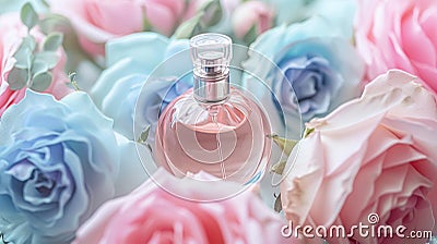 Perfume bottle with beautiful flowers. Beauty concept. Flat lay, top view Stock Photo