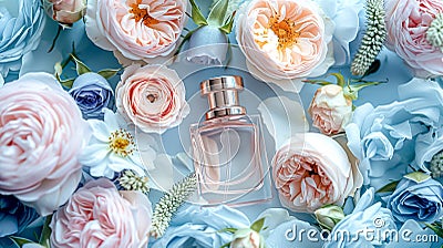 Perfume bottle with beautiful flowers. Beauty concept. Flat lay, top view Stock Photo