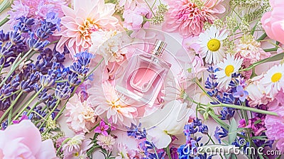 Perfume bottle with beautiful flowers. Beauty concept. Flat lay, top view Stock Photo