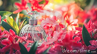 Perfume bottle with beautiful flowers. Beauty concept. Flat lay, top view Stock Photo