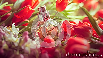 Perfume bottle with beautiful flowers. Beauty concept. Flat lay, top view Stock Photo