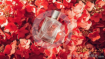 Perfume bottle with beautiful flowers. Beauty concept. Flat lay, top view Stock Photo