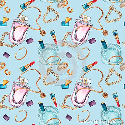 Perfume bottle with bijou, rouge watercolor seamless pattern isolated on azure. Stock Photo