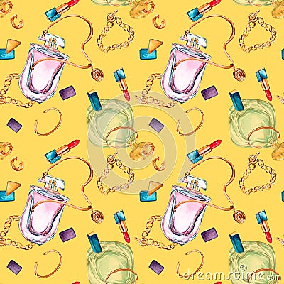 Perfume bottle with bijou, rouge watercolor seamless pattern isolated on yellow. Stock Photo