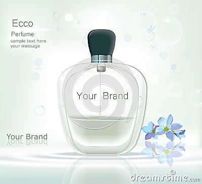 Perfume bottle Cosmetic ads template, droplet bottle mock up isolated on dazzling blue background. Place for brand text Vector Illustration