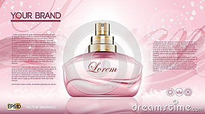 Perfume bottle Cosmetic ads template, droplet bottle mock up isolated on dazzling roses background. Place for brand text Vector Illustration