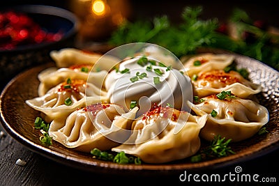 A plate of steaming hot dumplings( manty) Stock Photo