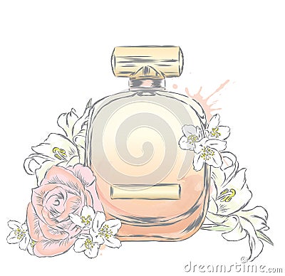 Perfume bottle and flowers. Vector Illustration