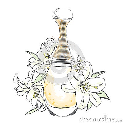 Perfume bottle and flowers. Vector Illustration