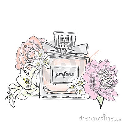 Perfume bottle and flowers. Vector Illustration